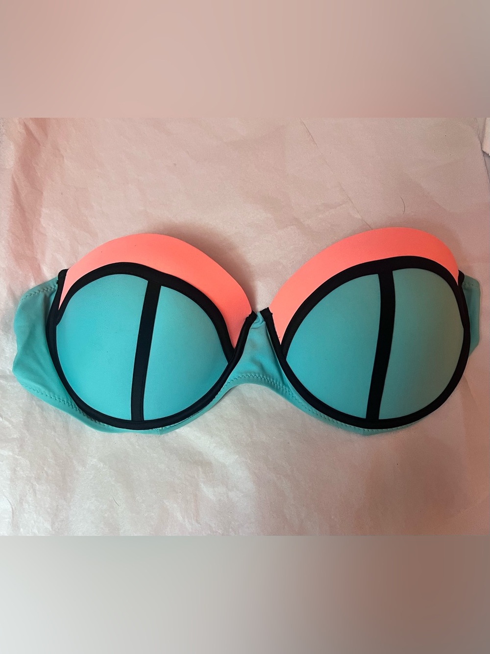 Colorblock Strapless Bikini Top in Coral and Turquoise